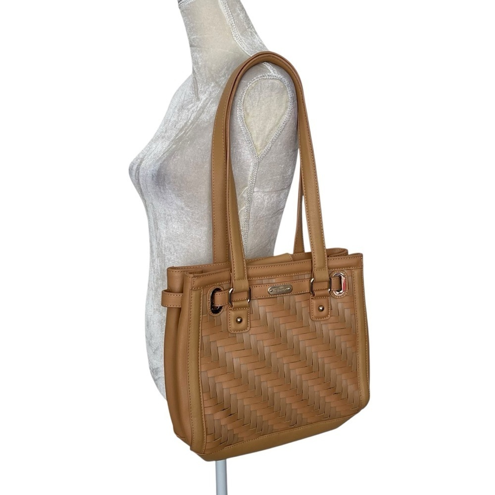 Longaberger Basket Woven Leather Shoulder Bag Stairstep Weave Caramel View 2